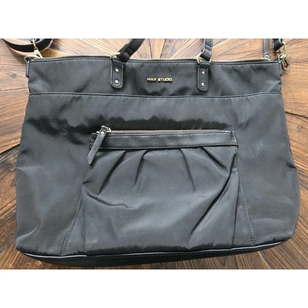 MAX STUDIO Black Satchel Top Handle Bag, Zip, Detachable Adjustable Strap, Gold